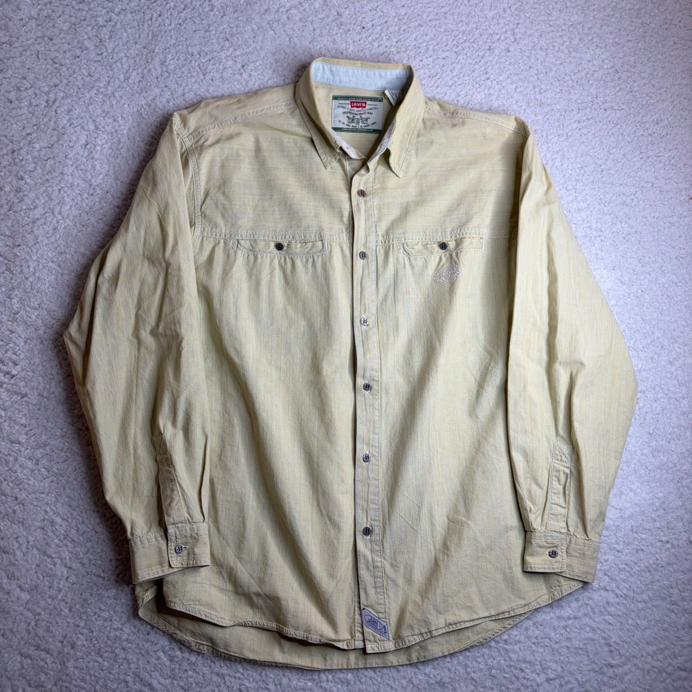 Levis Mens Large Yellow Indigo Striped Long Sleeve Button Down Shirt Cotton L